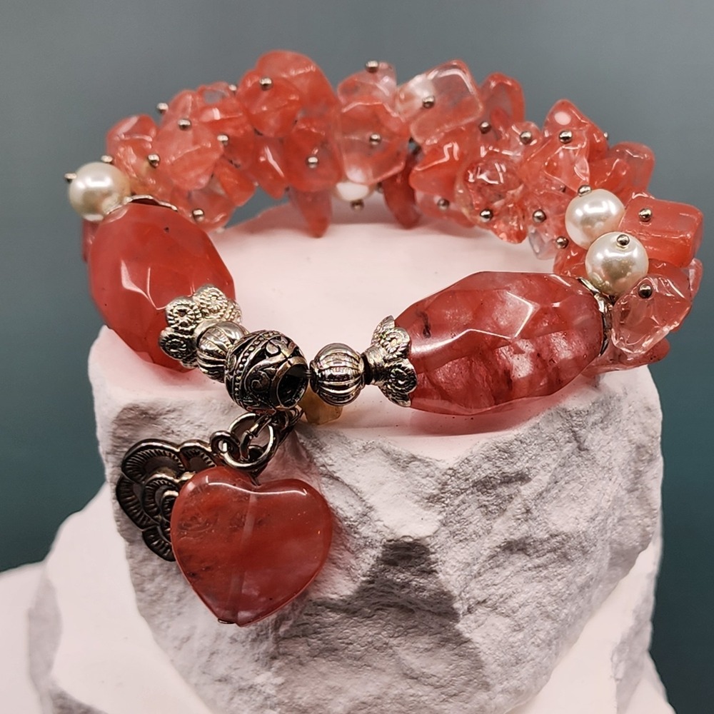 Pink Cherry Quartz Style Glass Faux Pearl Heart Charm Bracelet Romantic Jewelry